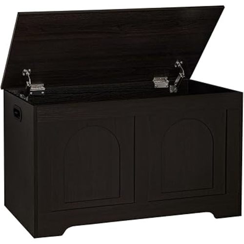 DINZI LVJ Storage Chest, 31.5”Wooden Toy Box with 2 Safety Hinges, Entryway Storage Bench with Flip-Top, Sturdy Storage Trunk for Living Room, Bedroom, Easy Assembly, Espresso