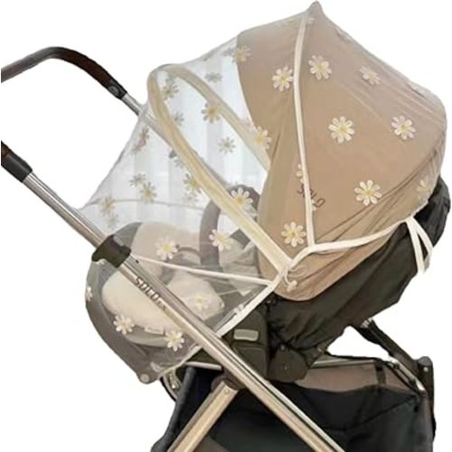 LILIWER Baby Stroller Mosquito net Anti-Insect net Baby Stroller Sunshade UV Breathable Mosquito Repellent Baby Stroller Sunshade Easy to Install Easy to Store Foldable (White Daisy)