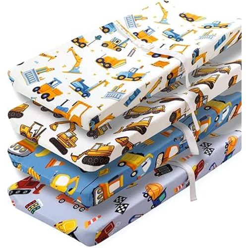 4 Pack Baby Boy Sheets Set Soft Fitted Construction Truck or Dinosaur Theme Baby Boy Mattress Covers Breathable Toddler Sheets for Infant or Newborn Boys (Construction, Changing Pad Covers)