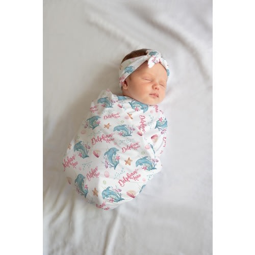 Dolphin Swaddle Blanket, Sea life Personalized Baby Blanket, Baby Blanket, Personalized Baby Blanket, Baby Gift, Ocean Theme Swaddle Set O23