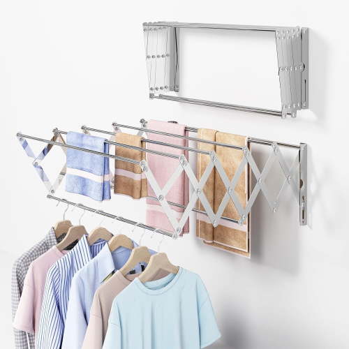 Katinyos Expandable Retractable Clothes Drying Rack, 7 Bar Space-Saving Aluminum Alloys Laundry Drying Rack, Towel Rack Wall Mounted for Laundry, Utility Room, Bathroom