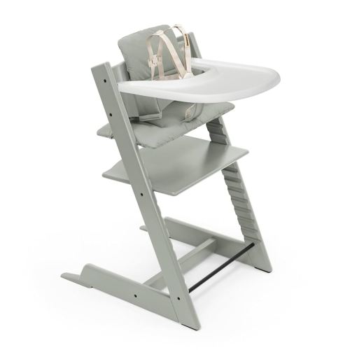 Stokke Tripp Trapp High Chair 2 (Glacier Green), Cushion 2 (Glacier Green) + Stokke Tray (White) - Includes Chair + Baby Set 2 with Removable Harness for Children 6-36 Months