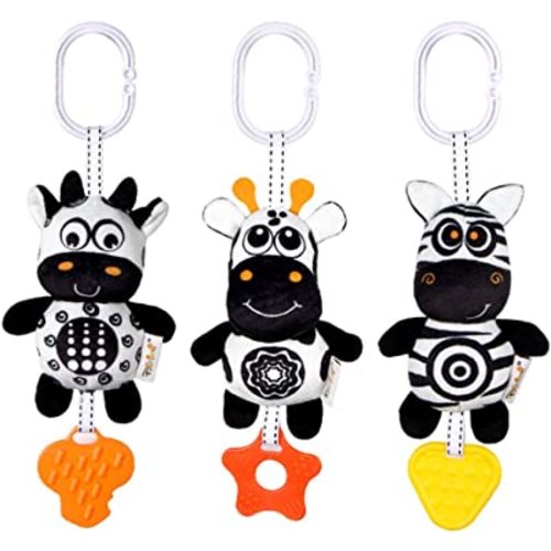 KAKIBLIN 3 Pack Hanging Rattle Toys, High Contrast Baby Hanging Toys and Plush Stroller Toys for Babies 0-18 Months,Newborn Car Seat Toys with Black and White Cartoon Shapes (21CM, Zebra,Deer&Cow)