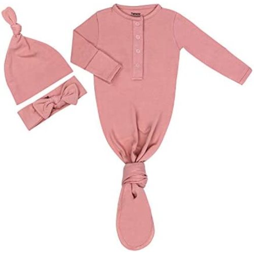 TWINOR Plain Knotted Baby Gown with Headband Hat Infant Sleeper for Baby Girl and Boy