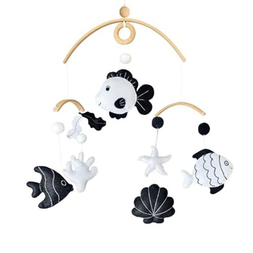 High-Contrast Black & White Decor for Newborn Baby Nursery Room – Fish Crib Mobile, Handmade for Boy & Girl, Safe Natural Wood & Fabric, Plastic-Free, Baby Shower Gift Ready