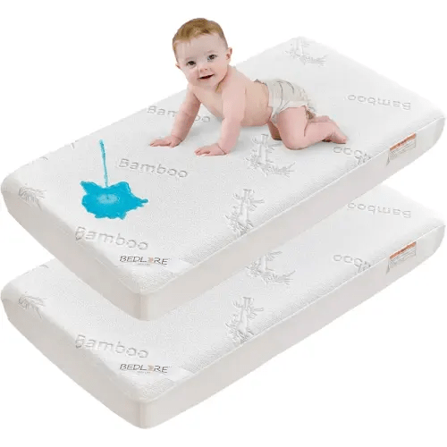 Waterproof Crib Mattress Protector 2 Pack, Ultra Soft Bamboo Viscose Crib Mattress Pad Cover, Noiseless Toddler Mattress Protector for Standard Baby Crib Mattress Size 52''x28'', White