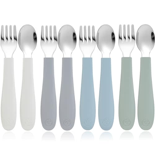 CoixFoam 8 Pieces Toddler Utensils, Toddler Safe Silverware Set With Food Grade Silicone Hanlde, 18/8 Stainless Steel, Perfect Length For New Self Feeders, Dishwasher Safe