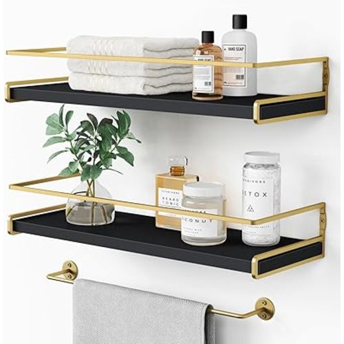 Forbena Black and Gold Floating Shelves for Wall, Bathroom Wall Shelves Over Toilet, Wood Hanging Shelves Wall Mounted for Kitchen Coffee Bar (Black and Gold)
