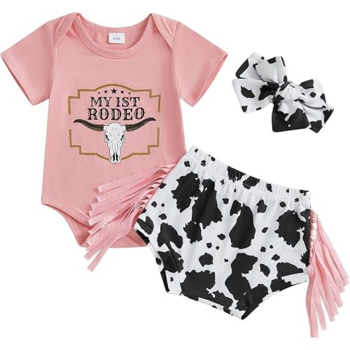 Western Baby Girl Clothes Cowgirl My 1st Rodeo Ruffle Romper Shirt Cow Print Bloomer Shorts 3Pcs Coming Home Outfit