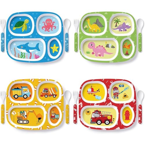 Jinei 4 Set Melamine Dinner Plate for Kids Dinnerware Dishes Set with Fork and Spoon Firefighter Dinosaur Construction Sea Animal Divided Melamine Plates for Boys Toddlers BPA Free Dishwasher Safe