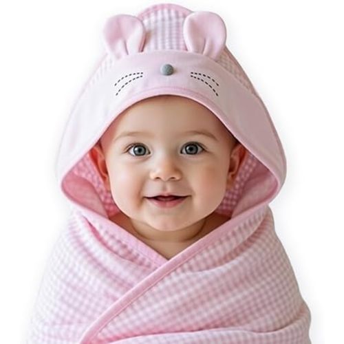 NOOVIA Premium Cotton Baby Hooded Towel for Toddler Girl 0-3 Years, Soft Cotton Bath Towel with Hood, Large 35x35in, Baby Blanket, Mouse Animal Hood (Pink and White)