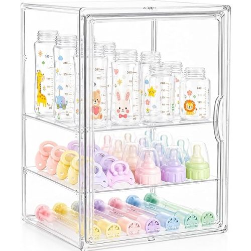 Baby Bottle Storage Organizer for Countertop, X-Large Clear Bottle Organizer, Baby Bottle Storage Organizer for Bottles, Nipples, Pump Parts & Food Jars, Nursery Cabinet, Kitchen Pantry