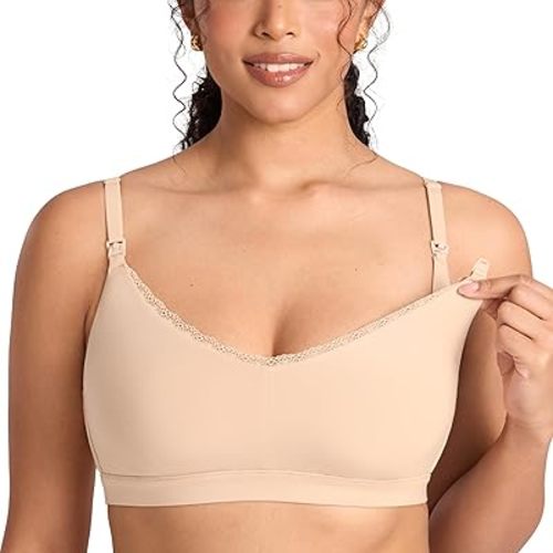 MOMANDA Lace Cotton Nursing Bras for Breastfeeding V Neck Wireless Nursing Sleep Bralettes Ultra Soft