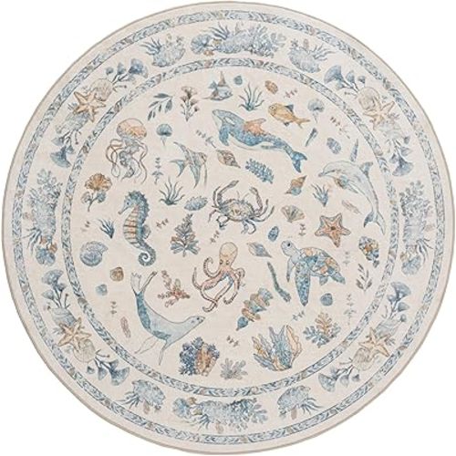 Soft Marine Animal Washable Faux Wool Stain Resistant Rug Rubber Non-Slip Backing for Playroom Bathroom Living Room Bedroom Bedside Beachy Cute Coastal Nautical Nursery Rug (Blue Multi, 5' Round)