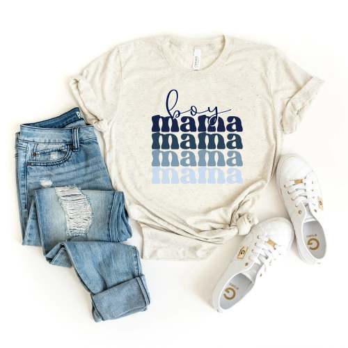 Boy Mama Stacked Colorful Women's Graphic Tee, Oatmeal
