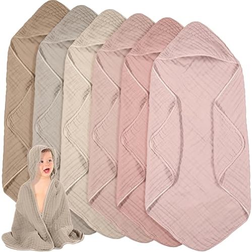 Peryiter 6 Pcs Muslin Hooded Baby Towels, 32"x 32" Cotton Newborn Bath Towel Muslin Infant Baby Blankets Absorbent Unisex Newborn Registry Gift Essentials for Girls Boys(Brown and Pink Series)