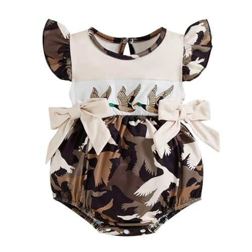 Licupiee Infant Baby Girls Duck Rompers Summer Embroidery Mallard Duck Fly Sleeve Bodysuits Newborn Duck Hunting Baby Clothes