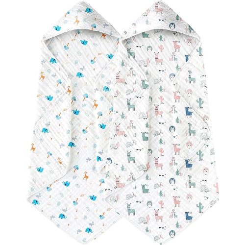Yoofoss Hooded Baby Towels for Newborn 2 Pack 100% Muslin Organic Cotton Baby Bath Towel with Hood for Babies, Infant, Toddler and Kids, Large 32x32Inch, Soft and Absorbent Newborn Essential