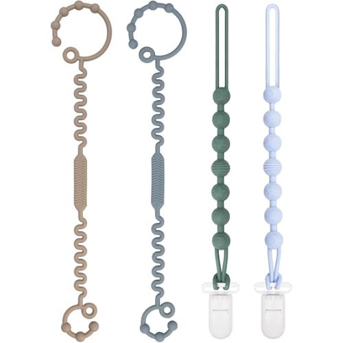 Babygoal Silicone Pacifier Clips 4 Pack,2pcs Pacifier Holder Clip with 2pcs Toy Strap Chain for Baby Boy Girl Fits All Pacifier,Binky,Teething Toys,Highchairs,Car Seat,Strollers-Neutral Color