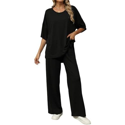 KevaMolly 2 Piece Lounge Set for Women Postpartum Oversized Tops and Wide Leg Pants Soft Comfy Pajamas Set 2 Piece Outfits
