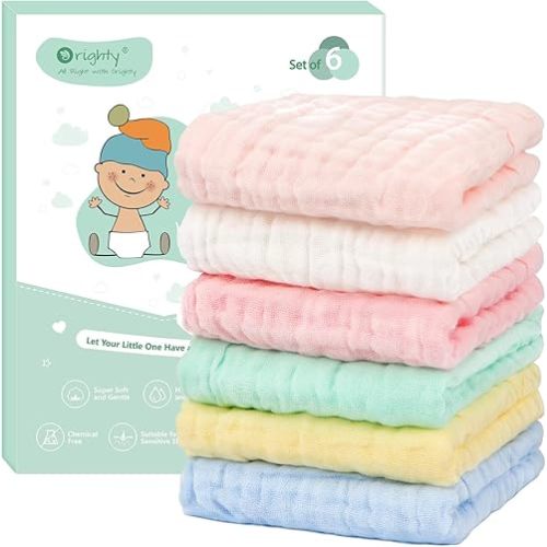 Orighty Muslin Baby Washcloths Pack of 6 - Soft Face Cloths for Newborn, Absorbent Baby Bath and Face Towels, 100% Cotton Babies Wipes, Burp Cloths, Feeding Towels for Babies and Infants - 10 x 10’’