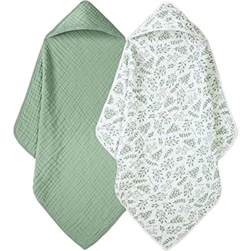 Baby Bath Towels, 100% Muslin Cotton Hooded Baby Towels for Newborn, Infant and Toddler, 2 Pack Soft and Absorbent Unisex Bath Essentials with Large 32x32Inch Size