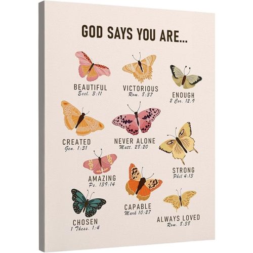 DIENADFX Christian Religious Scripture Inspirational Canvas Wall Art Decor, Preppy Butterfly Moth Paintings Wall Home Decor, Butterfly Wall Decorations, God Says You are Wall Art Pictures, 11x14Inch