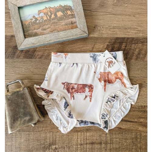 Watercolor Cows Ruffle Bummies (Baby) - Cream