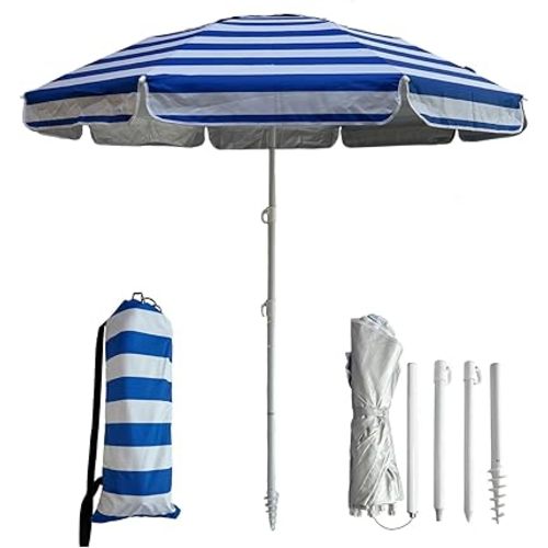 6ft Beach Umbrella - Heavy Duty Wind Resistant UV 50+ Portable Sun Shade with Sand Anchor & Carry Bag, Outdoor Folding Umbrella for Beach, Pool, Patio, Garden (Blue strip)