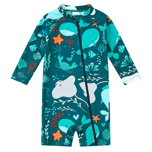 UPF 50+ Baby Boy Swimwear Full Zip Sunsuit-Green Whale – upandfast