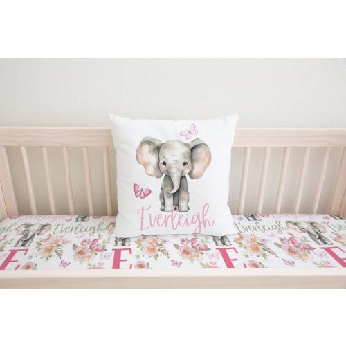 Pink Personalized Elephant Pillow, Baby Girl Crib Bedding, Girl Bedroom Decor, Elephant Nursery Theme, Gifts For Baby Girl Shower, Butterfly