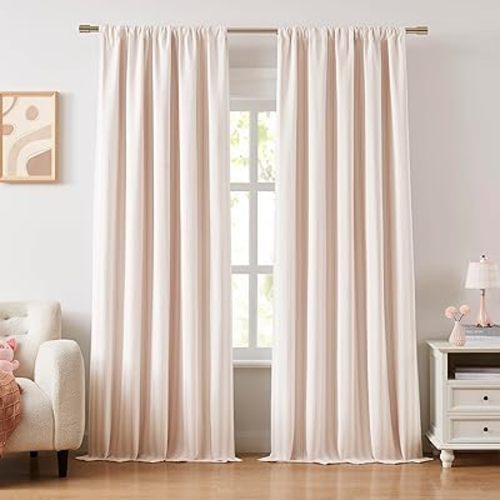 ZJDECOR Pink Stripe Full Blackout Curtain Panels 84 Inches Long,Woven Stripes on White Cotton Blended Drapes for Bedroom Living Room,Modern Window Treatment,Rod Pocket Back Tab,55" Wx84 L(Pack of 2)