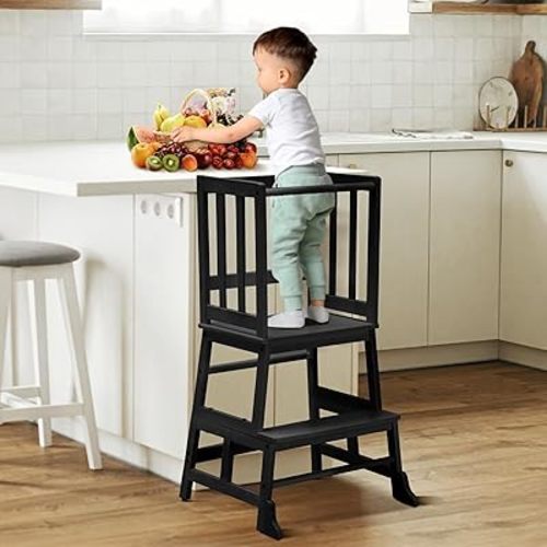 COSYLAND Kids Kitchen Step Stool Helper - Wooden Standing Tower for Kids with Anti-Tip Support Legs (Black)