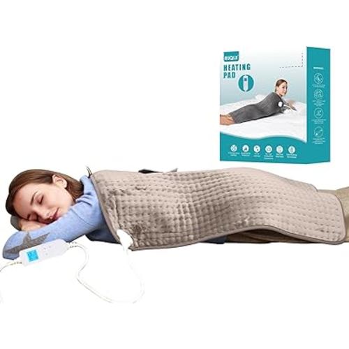 Ruqiji 17''x33'' XXXL King Size Heating Pad with Fast-Heating Technology&10 Temperature Settings, Flannel Electric Heating Pad/Pain Relief for Back/Neck/Shoulders/Menstrual Pain/Leg Cramp (Light Tan)