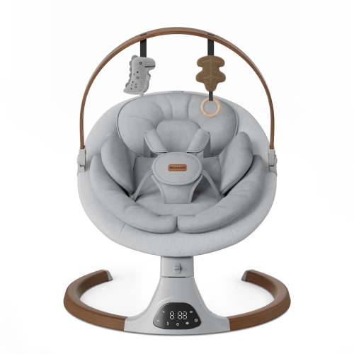 Babyomi Baby Swing with Auto Rocking, Adjustable Recline & Speed, Remote Control, Timer, Bluetooth Music, Toy Bar & Secure 5-Point Harness for Infants, Grey
