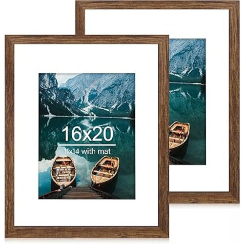 16x20 Frames Set of 2, Rustic Brown Wood Style - Display 16 x 20 Picture without Mat or 11x14 Picture with Mat, Wall Mounting Horizontal and Vertical