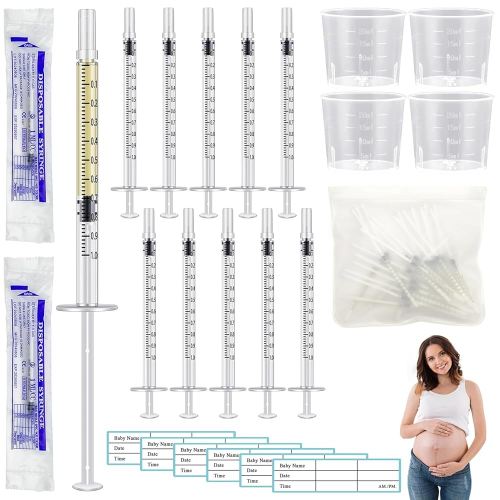 50 Pcs Colostrum Collector Set 1ml Breast Milk Collector Milk Catcher with 60 Stickers 1 Collection Bag and 4Pcs 20ml Measuring Cups Colostrum Collection Gift Set Colostrum Harvesting Kit for Breastfeeding