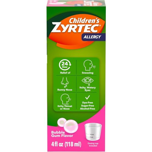 Zyrtec Children's 24 Hour Allergy Relief Syrup, Cetirizine Hydrochloride Antihistamine, Allergy Medicine for Indoor & Outdoor Allergy Relief, Dye- & Sugar-Free, Bubble Gum, 4 fl. oz