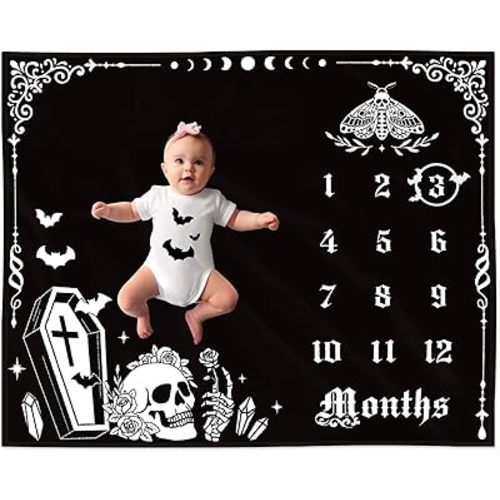 Gothic Baby Monthly Milestone Blanket, Goth Girl Boy Baby Shower Growth Chart Photo Prop Stuff Background for Newborn Mom Moth Nursery Bat Halloween Decorations 40" X 50"