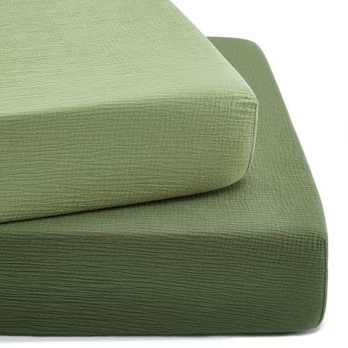 TILLYOU 2 Pack Muslin Crib Sheet for Boys and Girls - 100% Cotton Fitted Crib Sheet for Toddler Standard Crib Mattress, Soft and Breathable, 52"x28"x8",Forest Green&Light Green