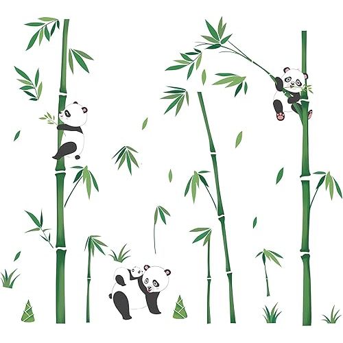 Panda Decor Wall Stickers Bamboo Wall Art Decals, Green Plants Peel and Stick Wall Murals Bamboo Wall Decoration Decals for Baby Kids Bedroom Nursery Living Room Décor