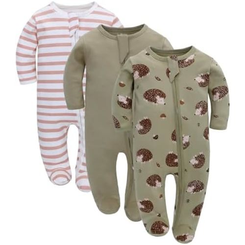 LAT 3 Pcs Baby Sleep and Play Pajamas,100% Organic Cotton Infant Girls Boys One-Piece Footies Romper Newborn,Zipper