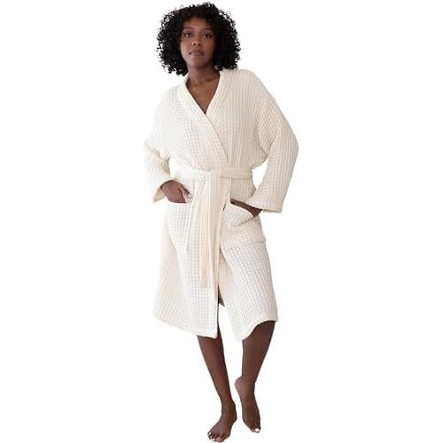 Womens Kimono Waffle Robe - Lightweight 100% Turkish Cotton Housecoat for All-Day Lounging - Bathrobe for Shower