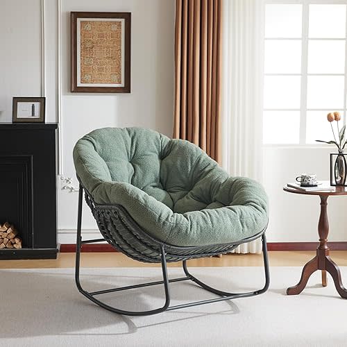 Outdoor Rocking Chairs, Oversized Papasan Chair,Patio Egg Chair,Rattan Wicker Lounge Chair for Balcony Porch Patio-330 lbs Weight Capacity,Waterproof,Green