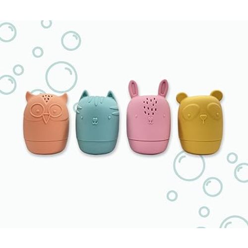 JoLo Goods | Mold Free Silicone Bath Toys for Baby 0-6 Months, Infant 6-12 Months, Toddlers 1-3, Kids 4-8. Playful Water Spraying Bathtub Fun. 4 Animals: Squeeze & Squirt. Easy Grasp, Natural & Safe