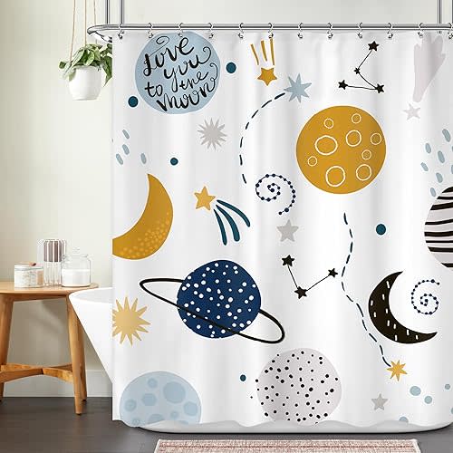 Kids Boys Shower Curtain Cartoon Planet Cute Universe Galaxy Space Moon Kid Shower Curtain Bathroom Set Baby Print Cosmos for Boys Girls Kids Bath Curtain Accessories Decor 60Wx72L