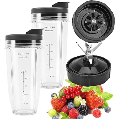 2 Pack 24oz Ninja Blender Cups Replacement Parts with To-Go Lids, 7 Fins Ninja Blender Blade for Ninja BL2012 BL480-30 BL482-30 BL640-30 BL642-30 BL682-30 NN102 BN401 BN751 BN801