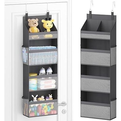 Lifewit 4 Tier Over The Door Diaper Organizer for Nursery, Large Heavy Duty Hanging Storage with 4 Mesh Side Pockets, Sturdy Back of Door Shelf for Baby Stuff Toy in Pantry, Laundry, Bathroom, Gray