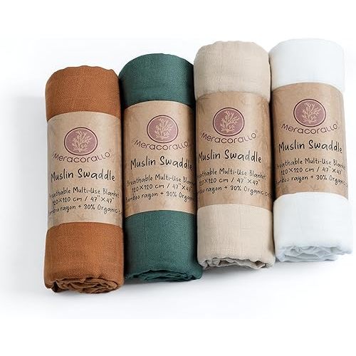 Meracorallo Muslin Swaddle Blanket Silky Soft Receiving Blanket Swaddle Wrap for Baby Boys and Girls, 47 x 47 inches, Set of 4 Solid Color, Brown Green Beige White