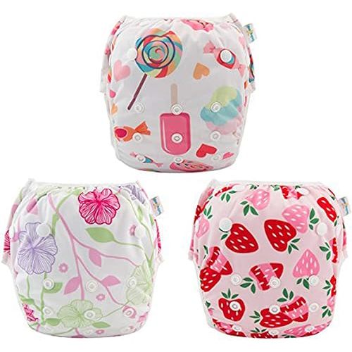 Babygoal Baby Girl and Boy Swim Diapers, Reusable Adjustable Washable One Size Fits 0-8M Baby Gifts and Swimming Lessons 3 Pack 3SD04